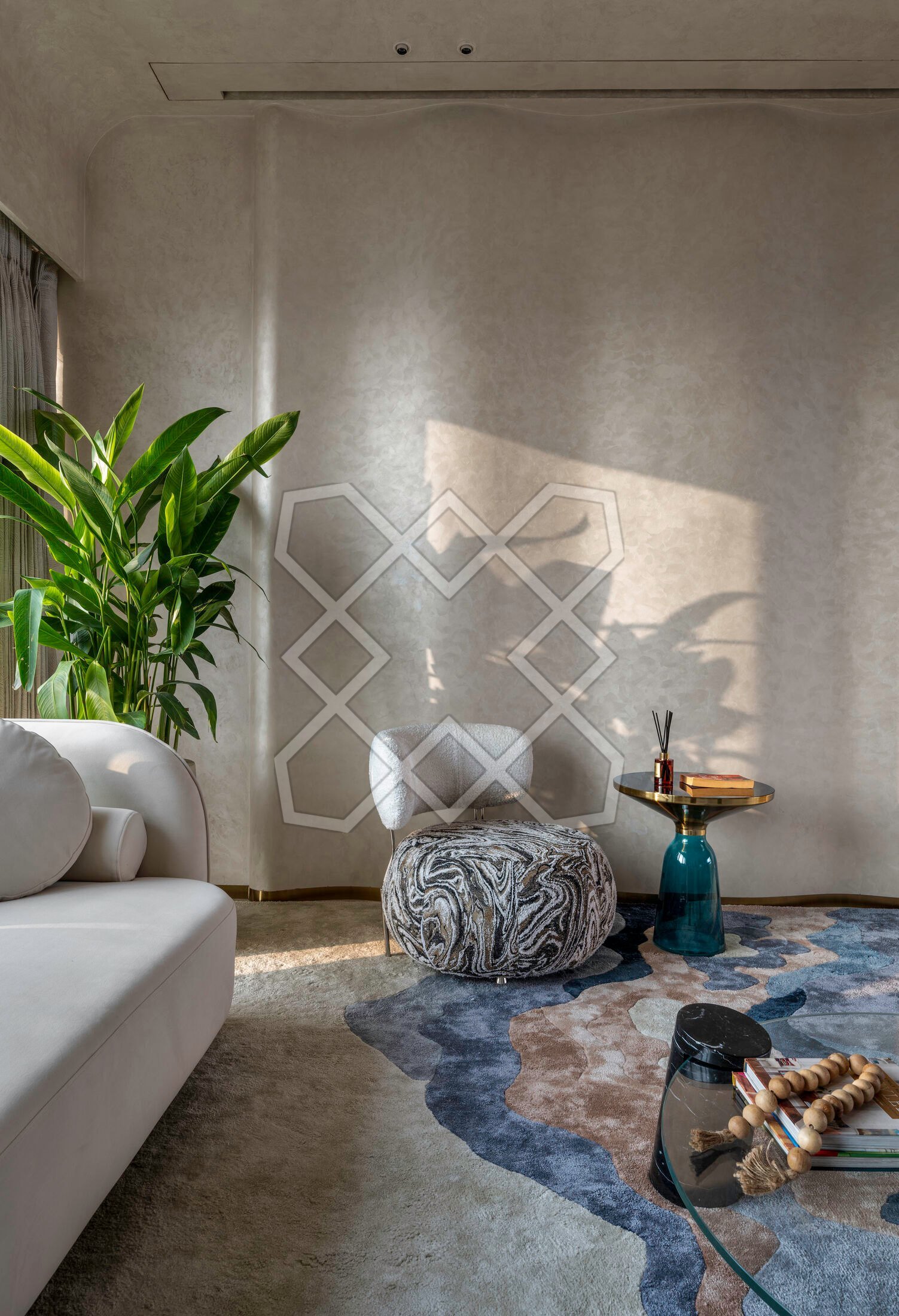 The living area at Piramal Avyan, in afternoon light