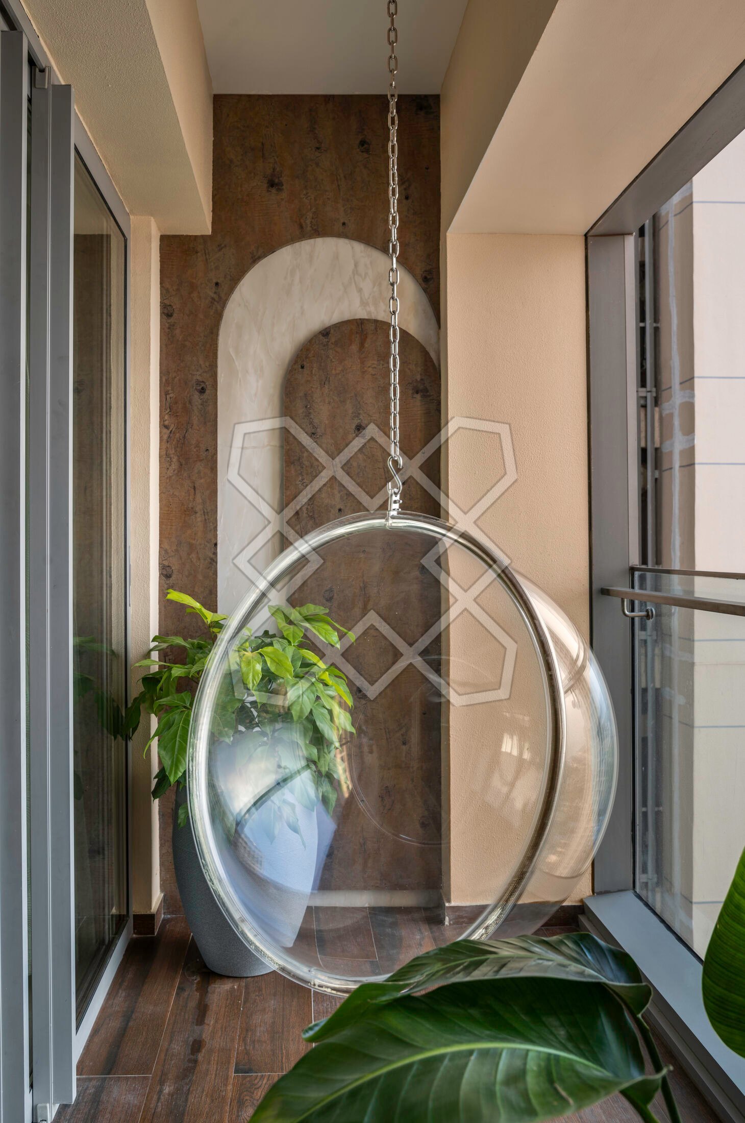 The balcony at Piramal Avyan, with its suspended bubble chair