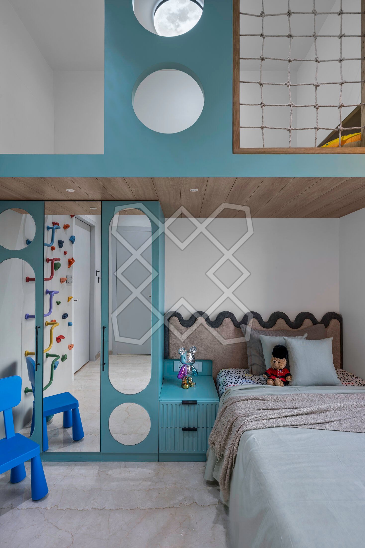 The son's room at Piramal Avyan, with its climbing wall