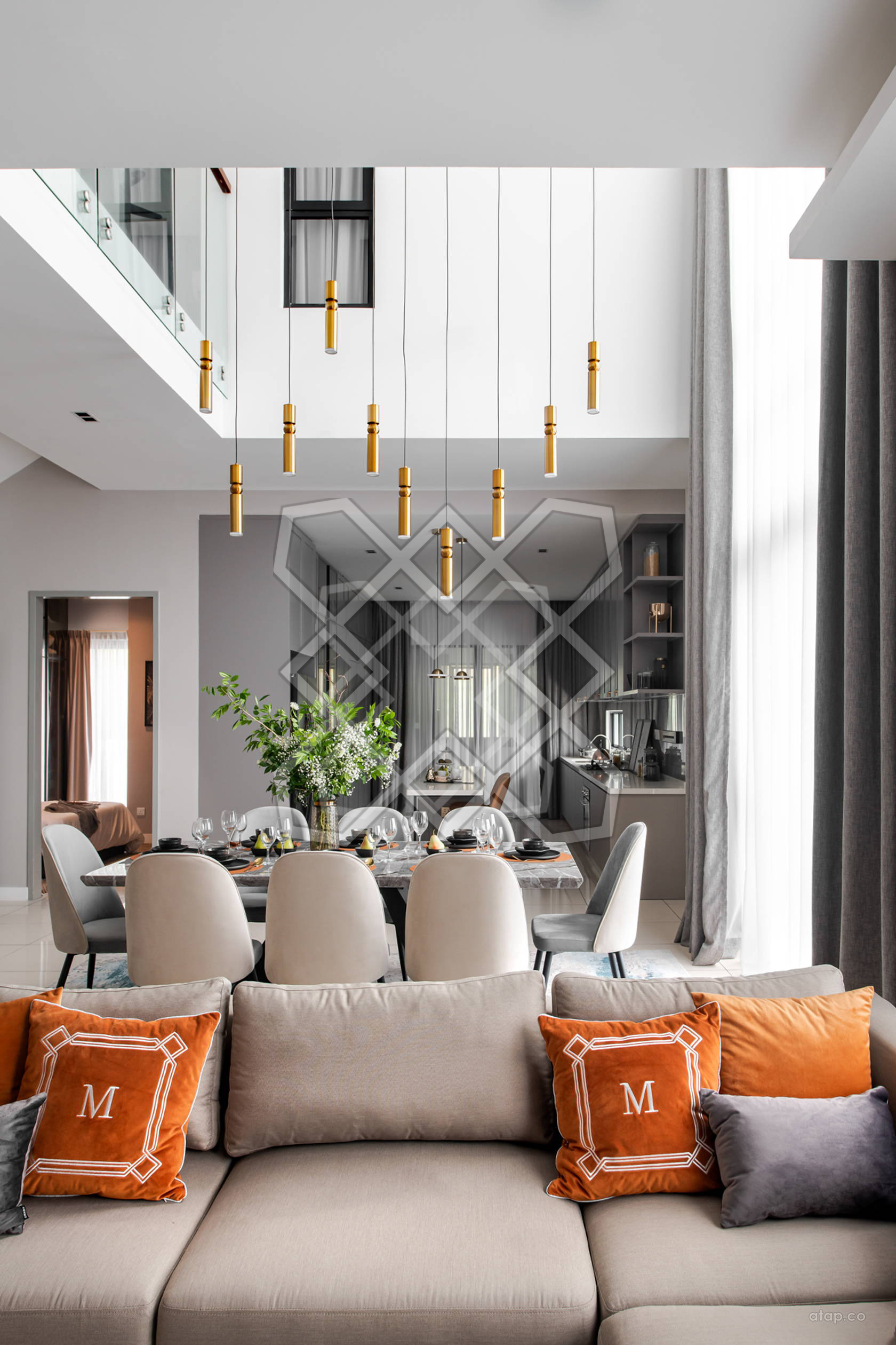 The living volume at A Marvelous Duplex, seen from the dining table