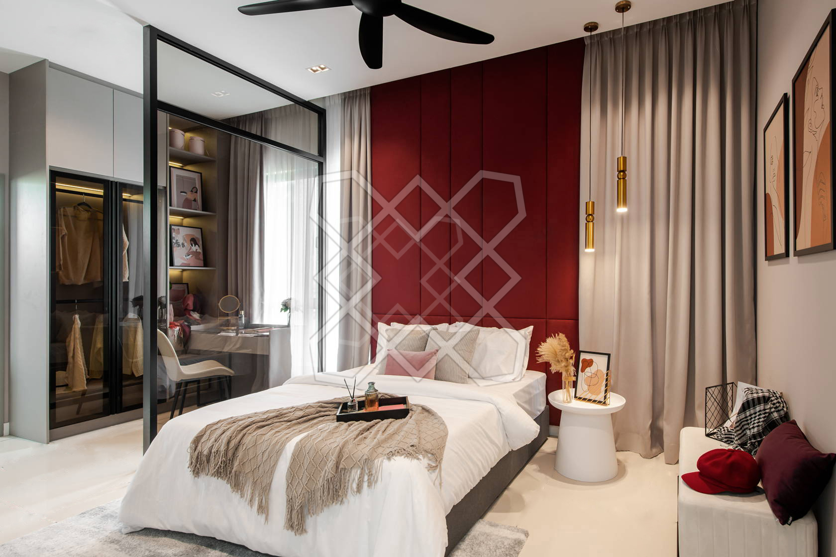The crimson bedroom wall at A Marvelous Duplex