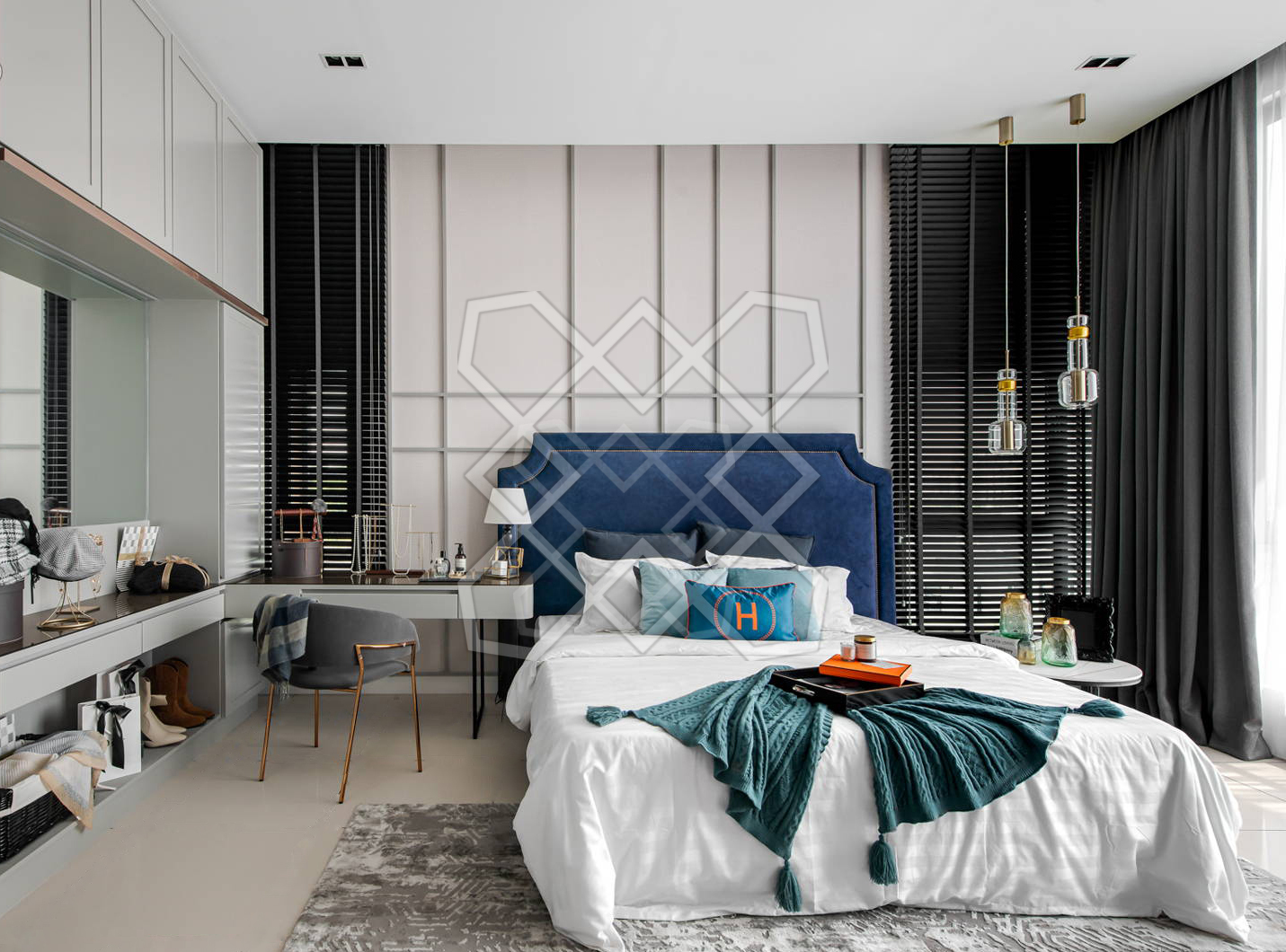 A bedroom at A Marvelous Duplex, with its mirrored dressing counter