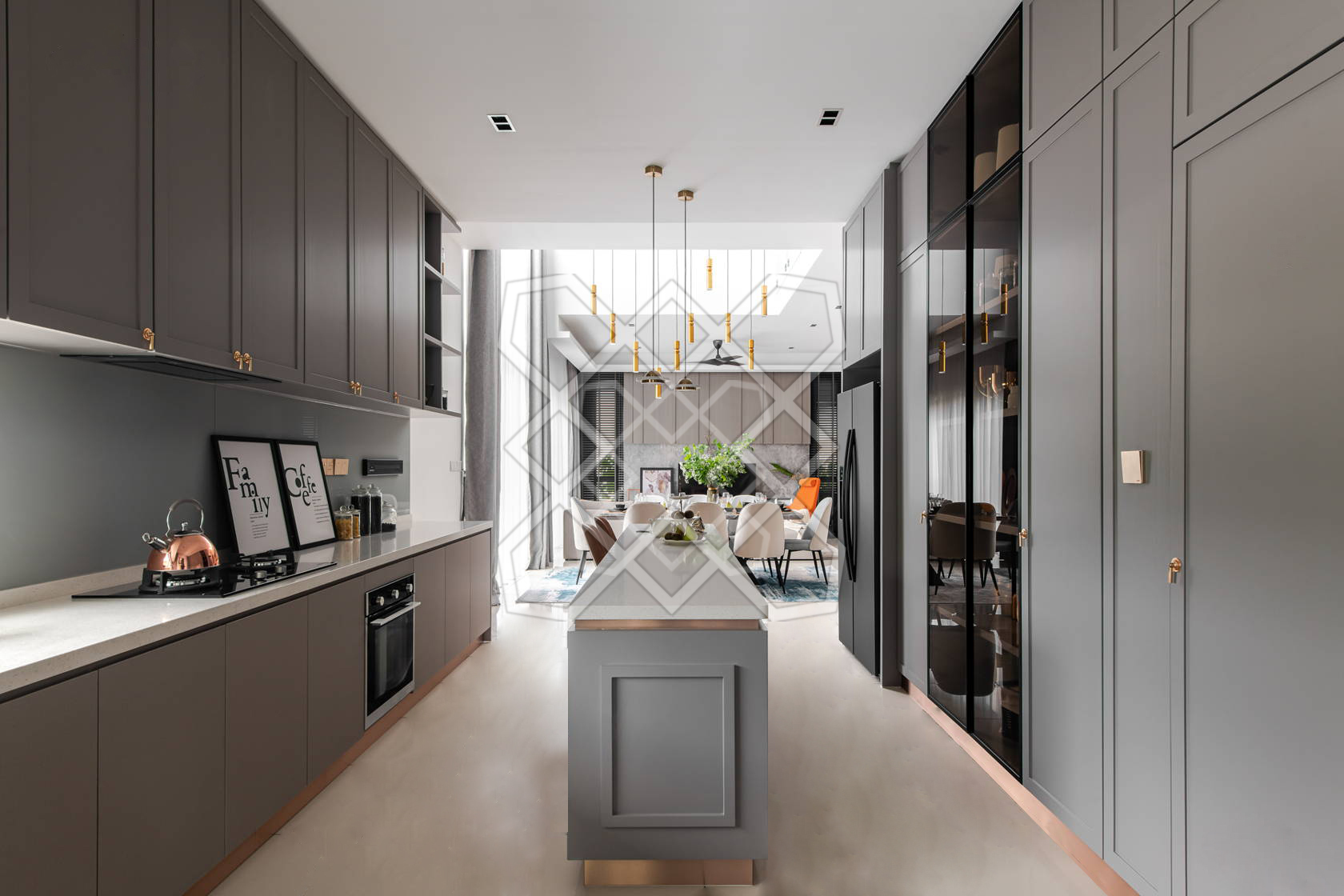 The kitchen at A Marvelous Duplex, opening onto the dining floor