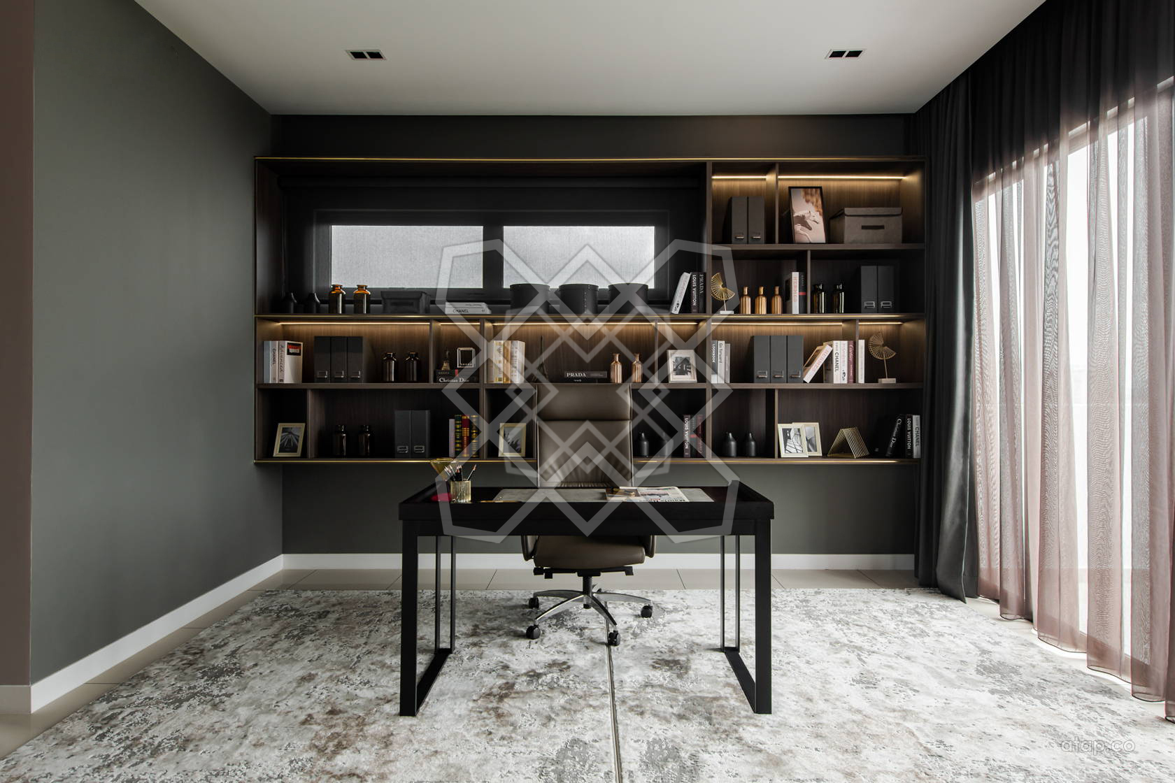 The home office at A Marvelous Duplex, its shelving lit from within