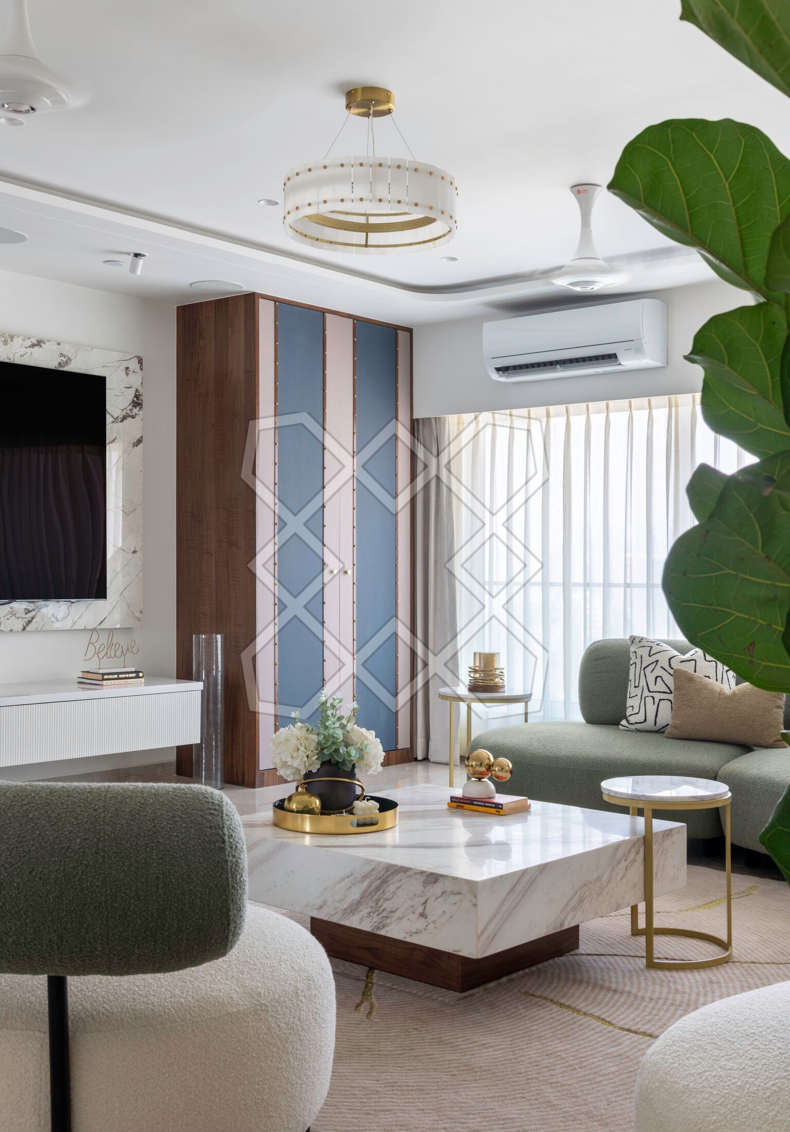 The concealed bar unit in the living room at the Juhu apartment