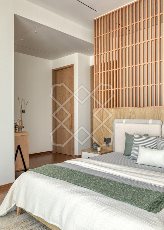 The master bedroom at Orion, the bed set as a raised island