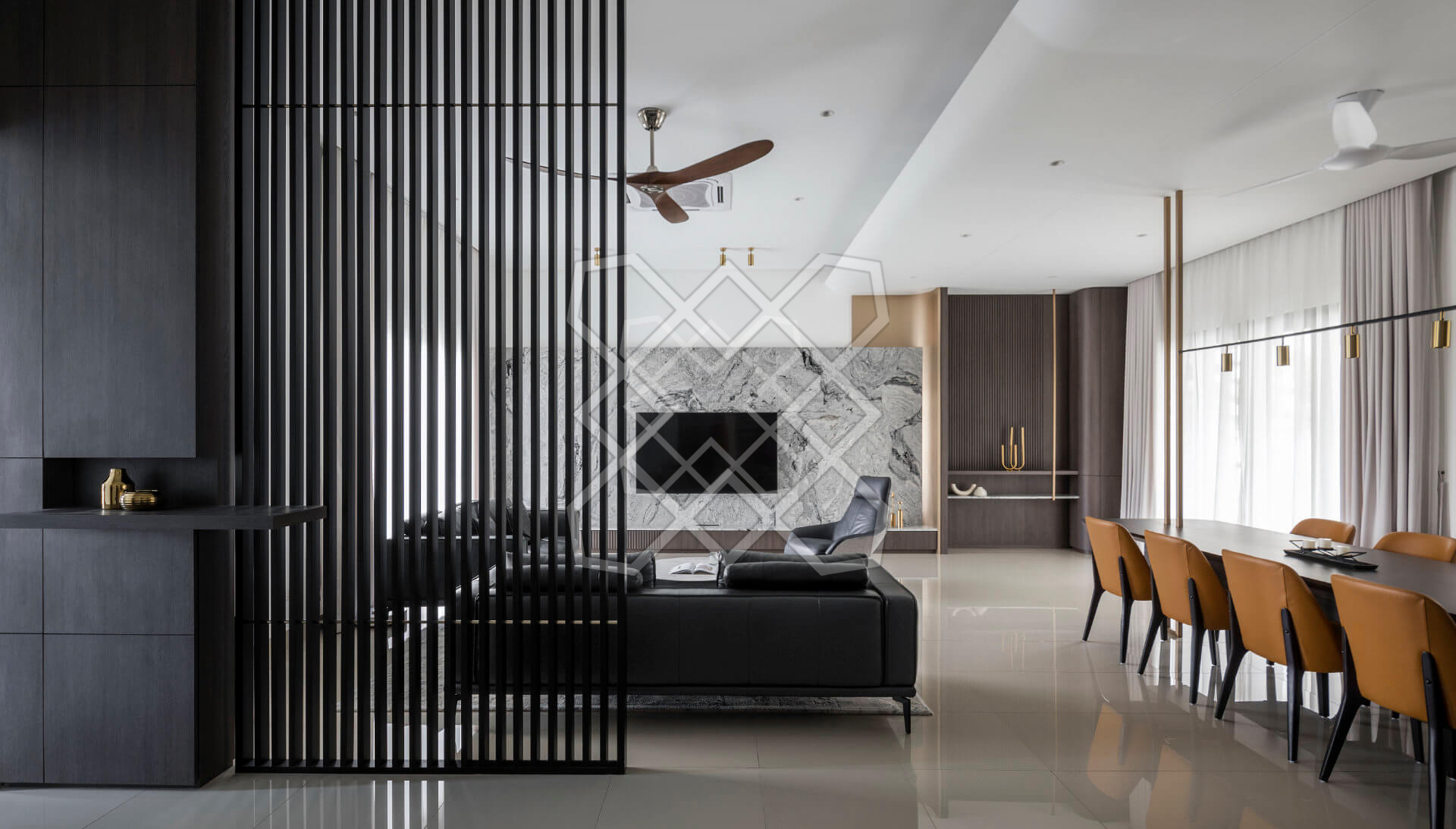 The living and dining floor at Plush Contemporary House, seen past a slatted screen