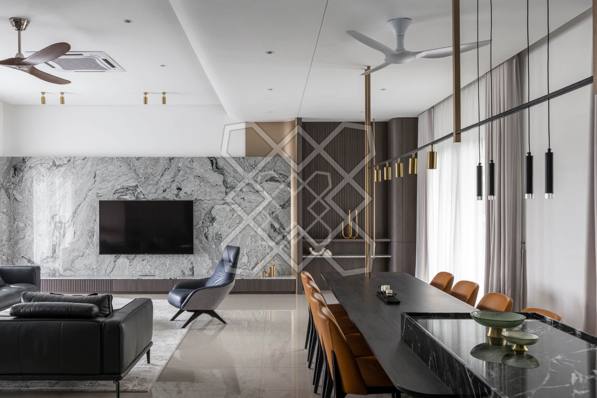 The living room at Plush Contemporary House, looking through to the dining table