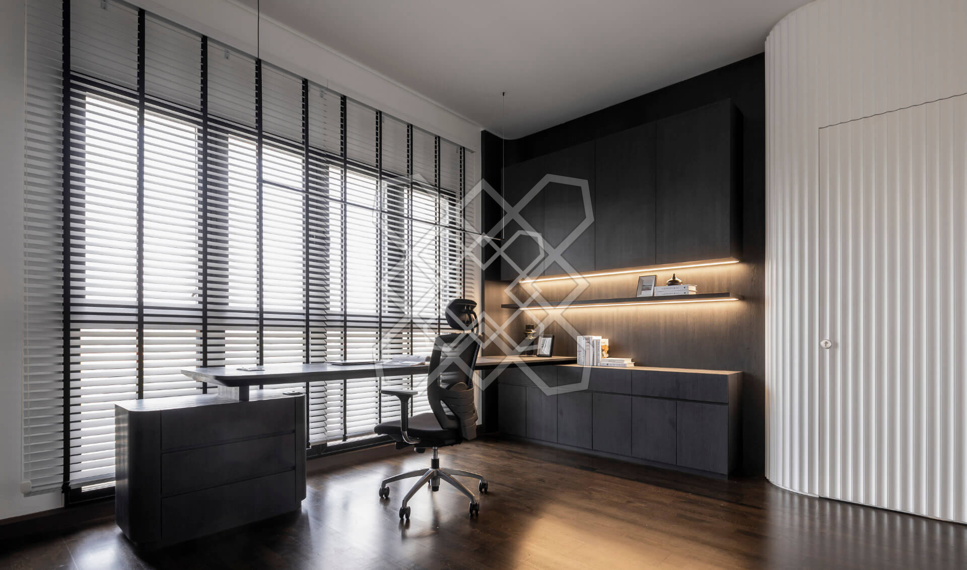 The study at Plush Contemporary House, behind its wall of black louvres