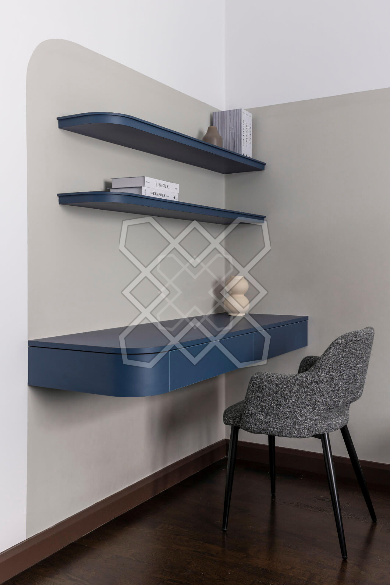 The floating desk and shelves at Plush Contemporary House