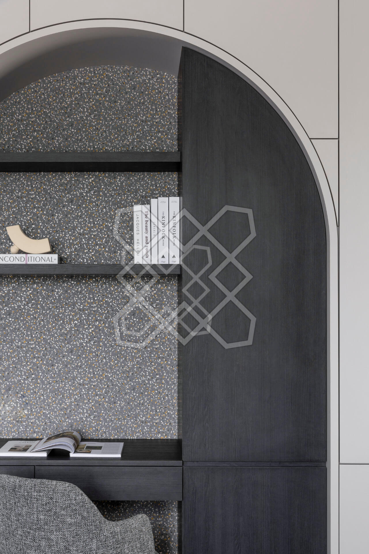 The arched stone niche at Plush Contemporary House