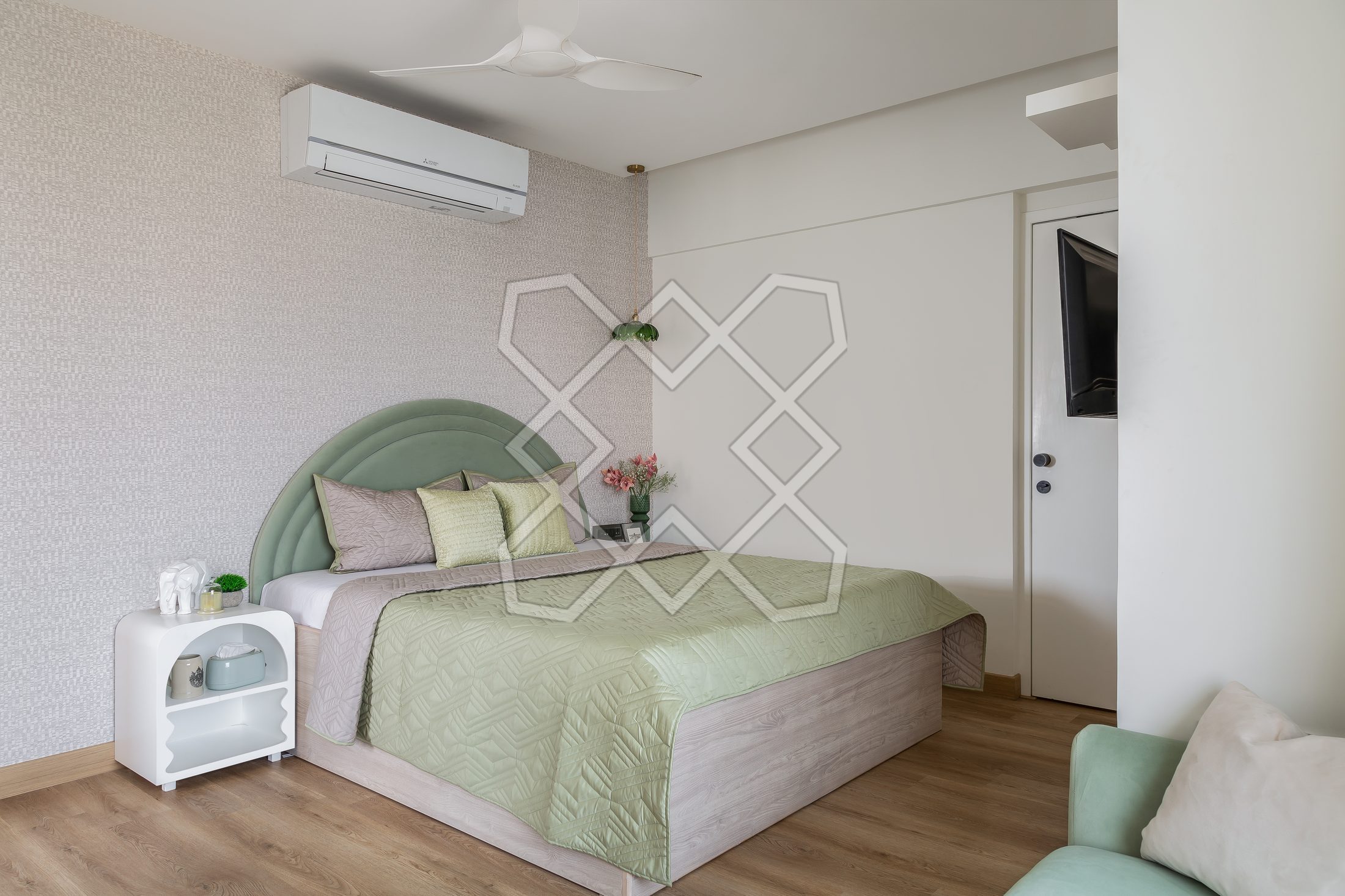 A bedroom at The Eternal Solace, in sage green