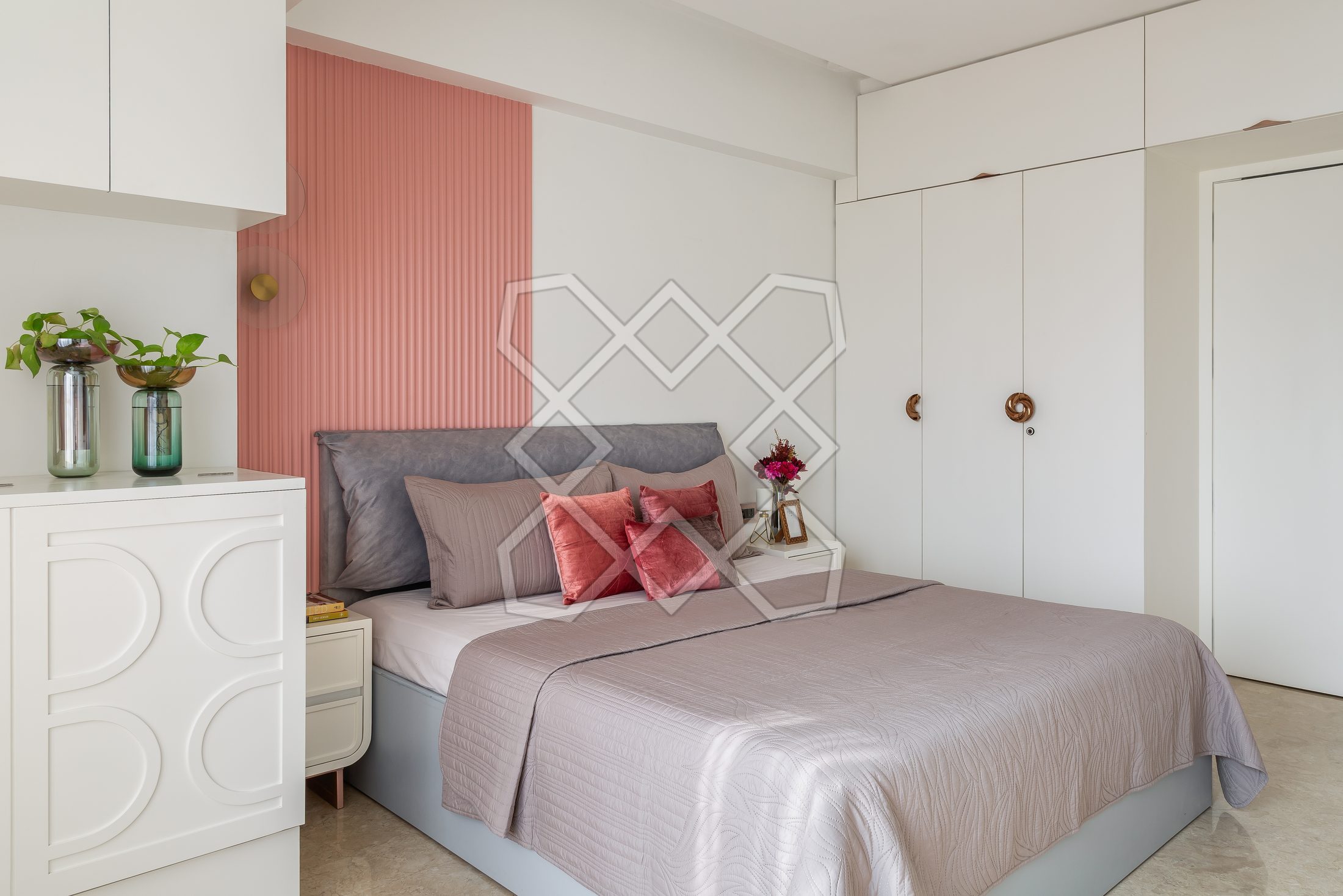 A bedroom at The Eternal Solace, in blush and grey