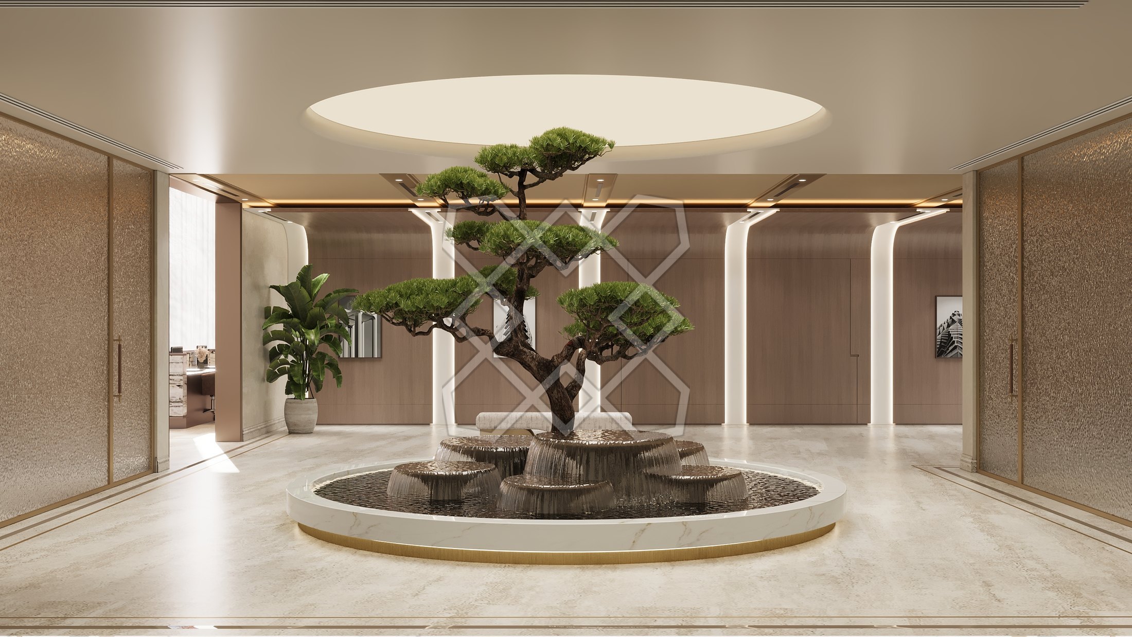 The courtyard at Trump Towers Hyderabad, with its bonsai under a circular cove