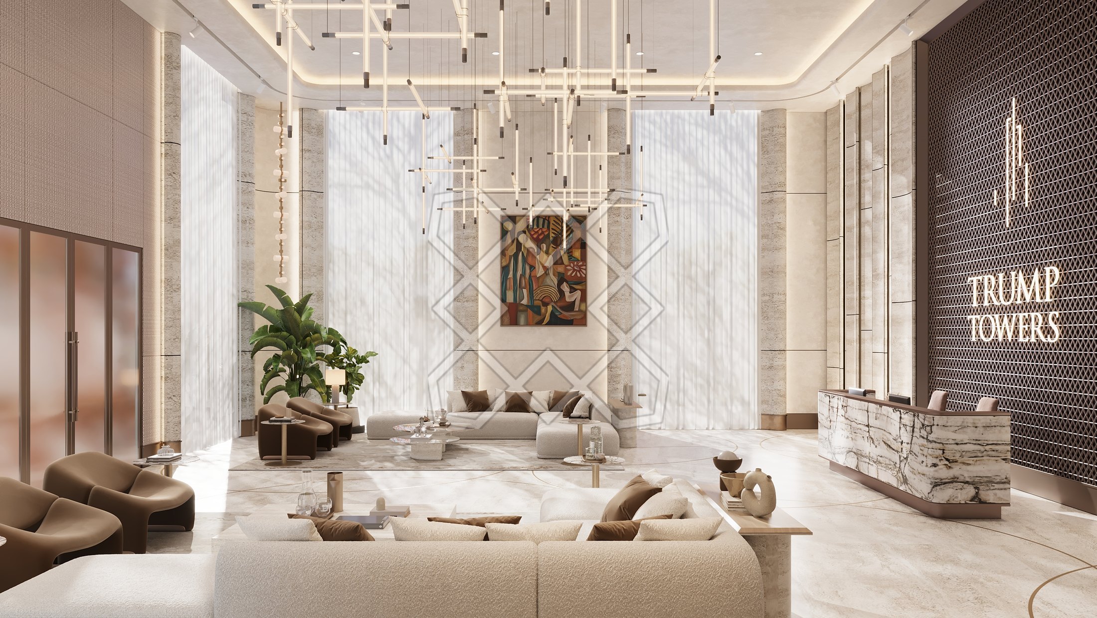 The arrival lounge at Trump Towers Hyderabad, beside the brand wall