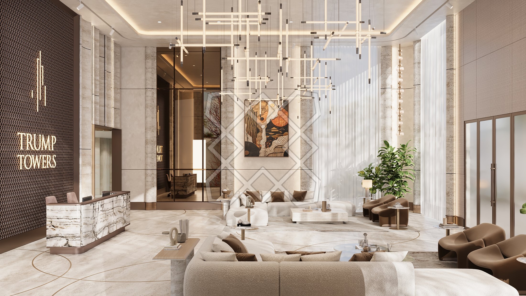 The double-height arrival lounge at Trump Towers Hyderabad, with its reception counter and brand wall