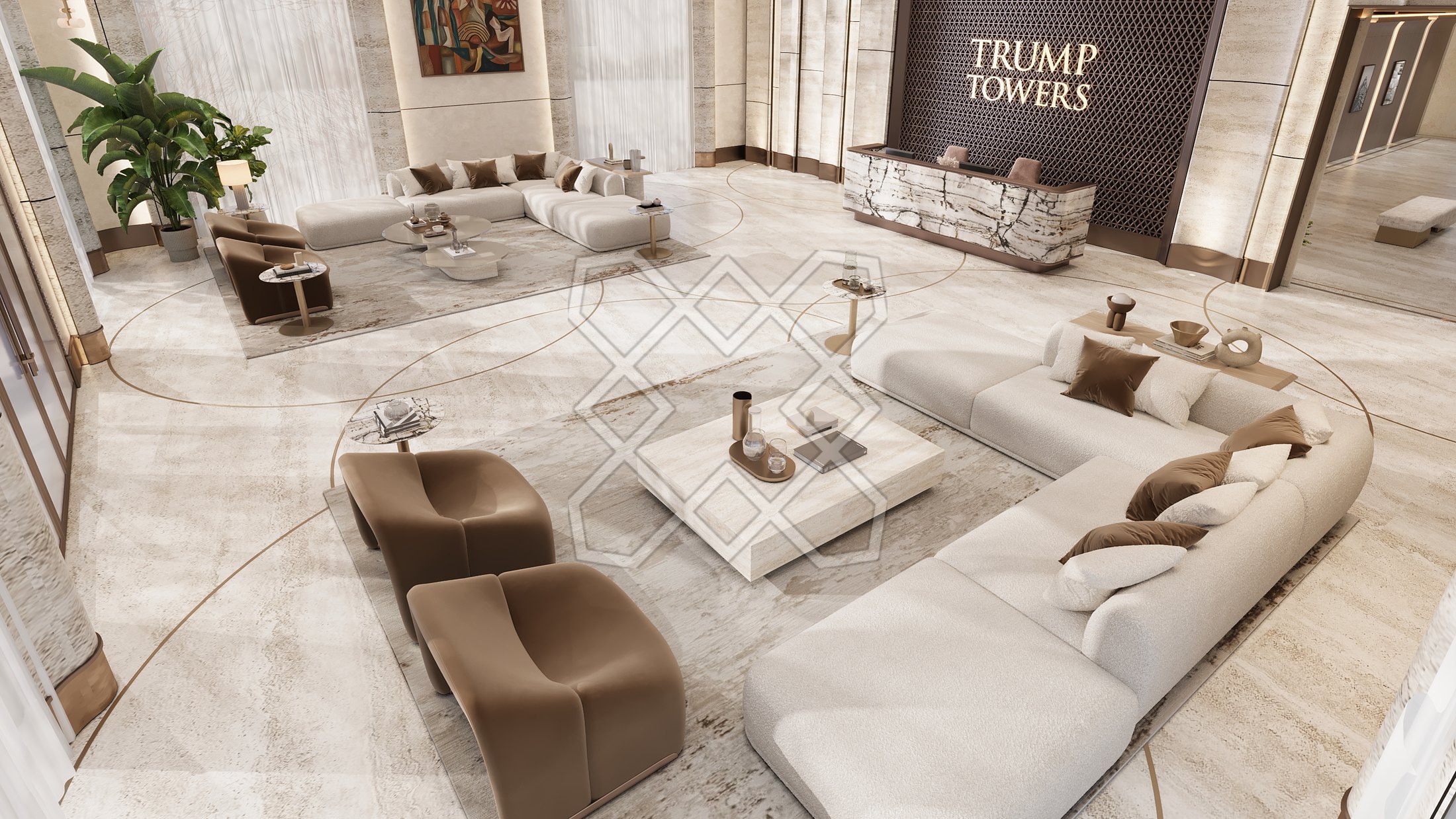 A seating island in the lounge at Trump Towers Hyderabad