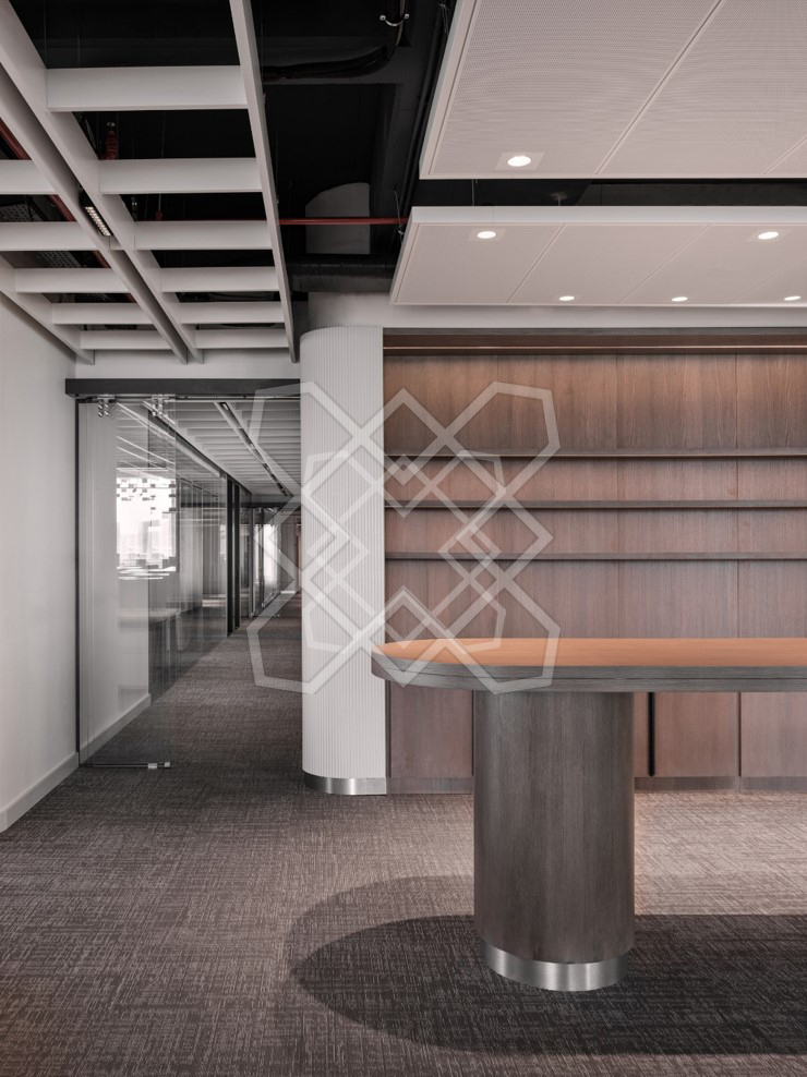 The corridor at Timeless and Transcendent, with its round standing table