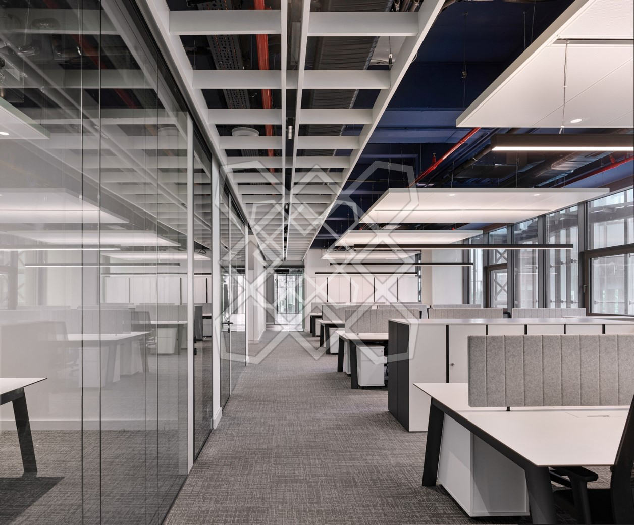 The open plan at Timeless and Transcendent, its workstation banks seen through a glass partition